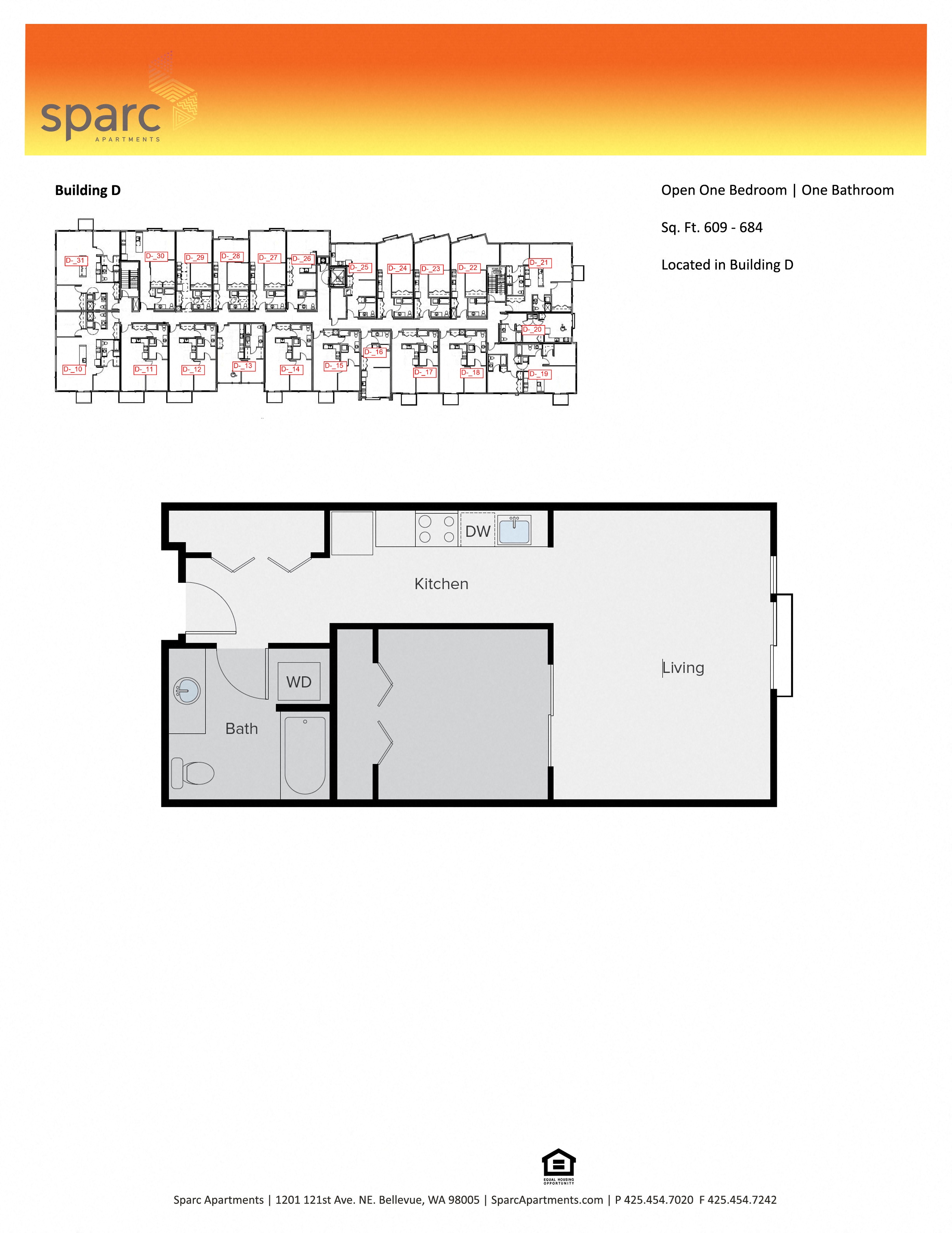Floor plan for 1 bed, 1 bath, 680 sqft